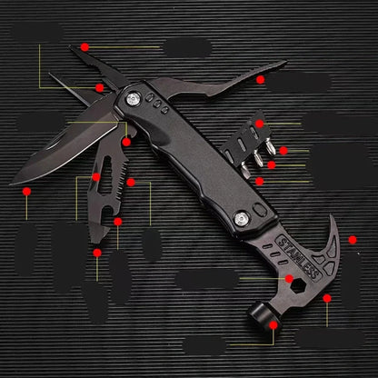 Black stainless steel folding hammer showing 168mm length with aluminium alloy handle in unfolded position