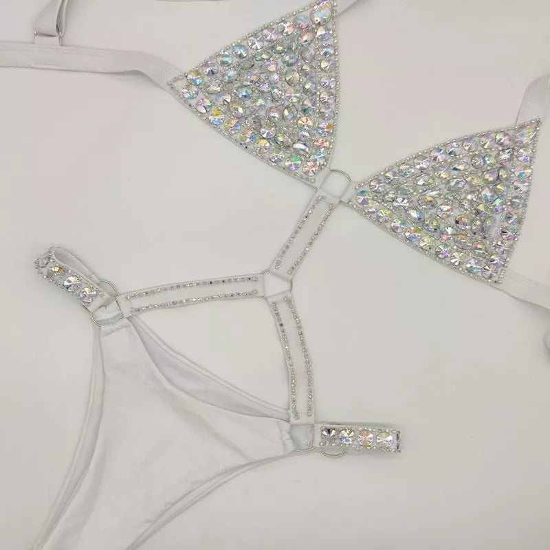 Diamond chain bikini in nylon, available in pink, white, black, sizes S, M, L