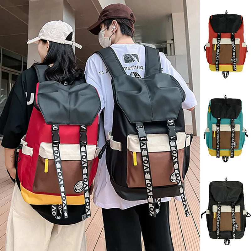 Oxford cloth backpack in black, green, or red with dimensions 32cm width, 46cm height, 17cm bottom thickness