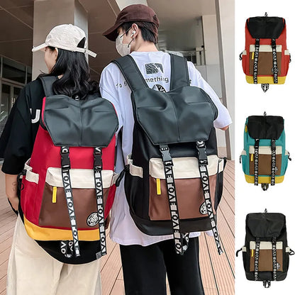 Oxford cloth backpack in black, green, or red with dimensions 32cm width, 46cm height, 17cm bottom thickness