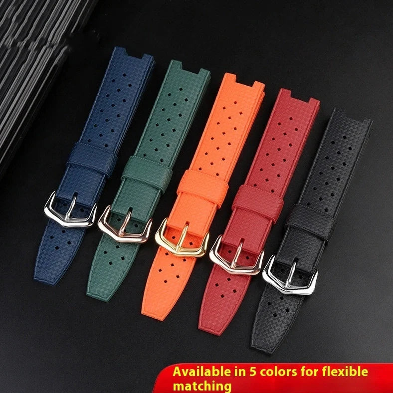 Black silicone watch strap with steel buckle showing female port connection for 20mm-22mm watches