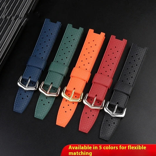 Black silicone watch strap with steel buckle showing female port connection for 20mm-22mm watches