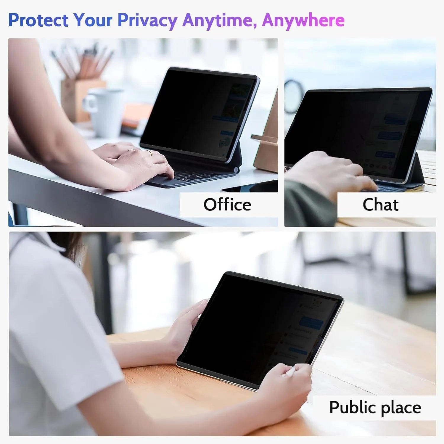 Magnetic suction anti-peeping film for iPad with paper-like texture and storage clip, showing 30-degree privacy angle