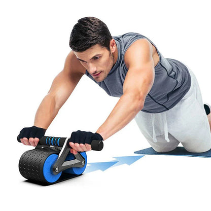 Dual-wheel abdominal roller with sweat-absorbent grip handle for intense core workouts