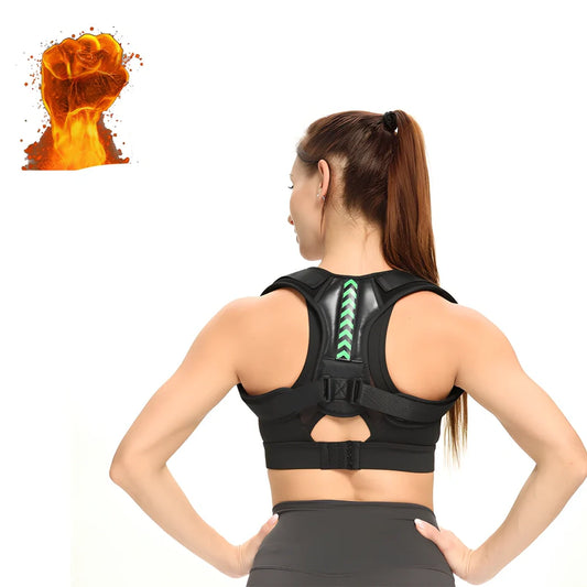 Arrowhead fishbone posture correction belt in black with green detailing, showing adjustable nylon straps and upper back support design