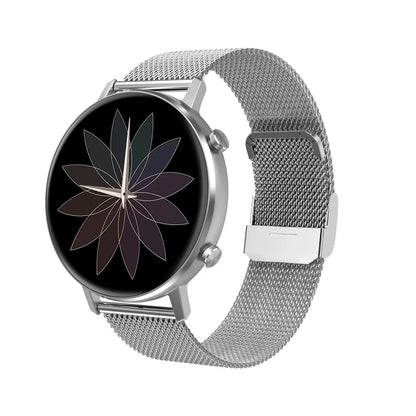 DT96 fitness tracker with steel strap on wrist, showing 1.3-inch screen displaying step count.
