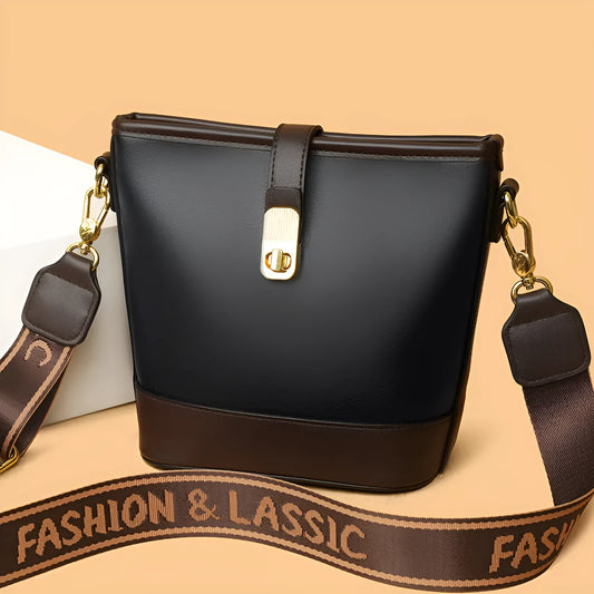Korean-style soft PU bucket bag in black with double shoulder straps and organisational compartments
