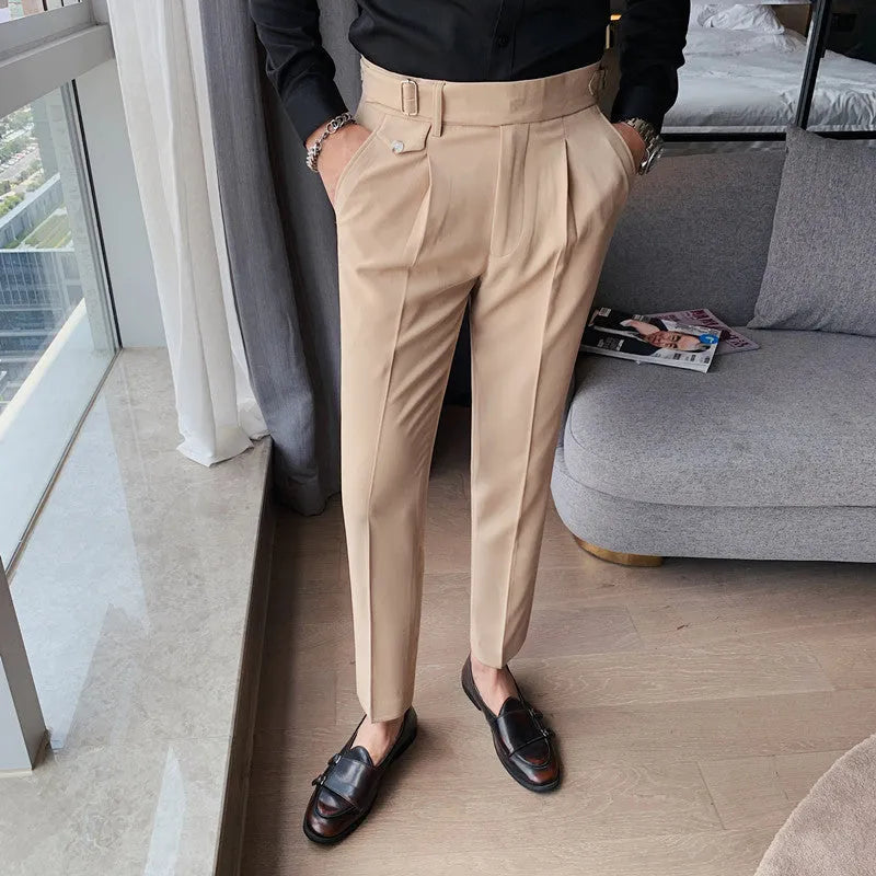 Straight-leg casual trousers in solid khaki colour on a hanger, showing the classic fit.