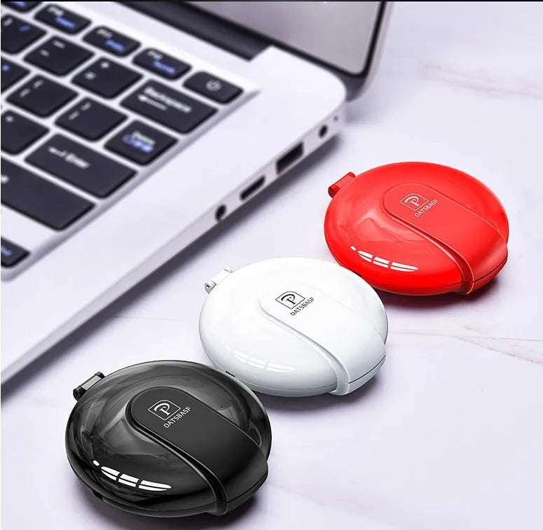 Black 3-in-1 magnetic retractable car phone charger with three charging plugs and magnetic patch