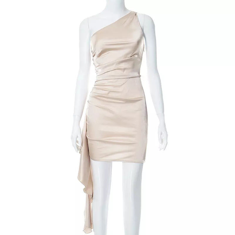 Women's one-shoulder sleeveless mini dress with high-waisted skirt in various colors