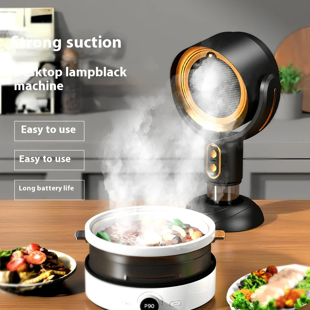 Portable desktop range hood in black gold finish with USB cable, dimensions 145x226x275mm