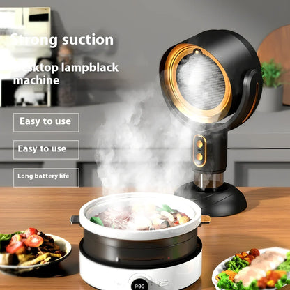 Portable desktop range hood in black gold finish with USB cable, dimensions 145x226x275mm