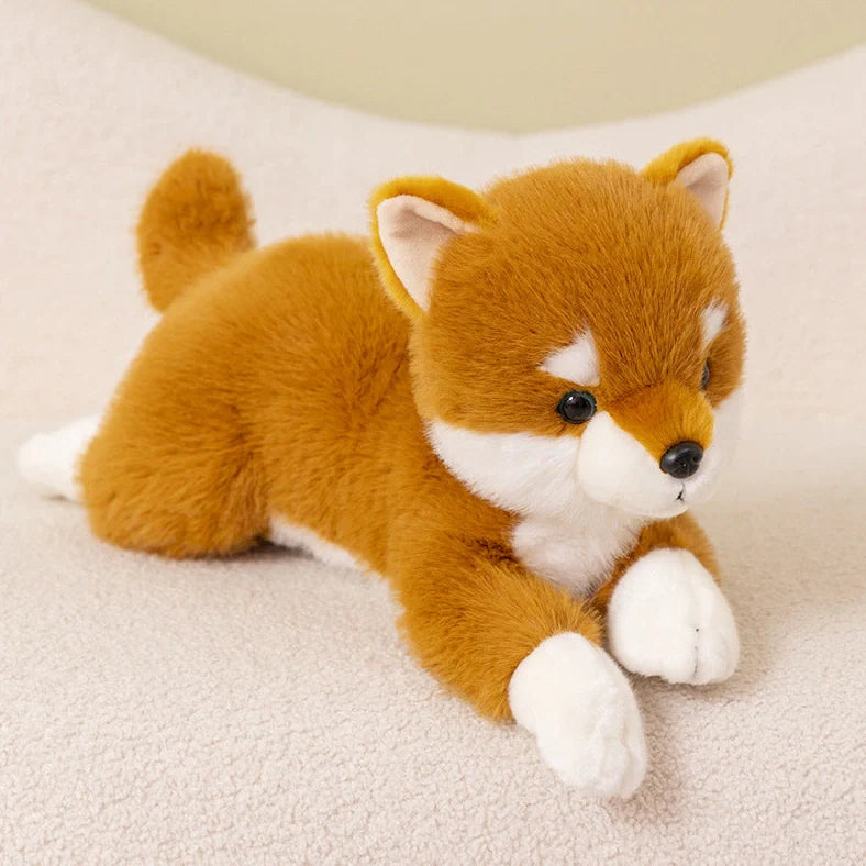 Brown Shiba Inu plush doll in lying position showing super soft short plush texture and natural posture simulation