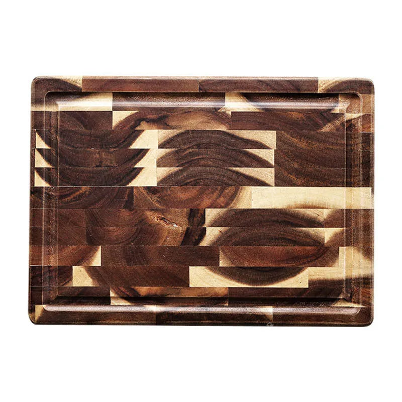 Brown solid acacia wood cutting board with 3cm thick edge, shown in large and small size options.