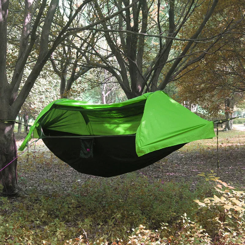 Mosquito-proof hammock camping tree net with waterproof cover in green, blue, camouflage, and orange