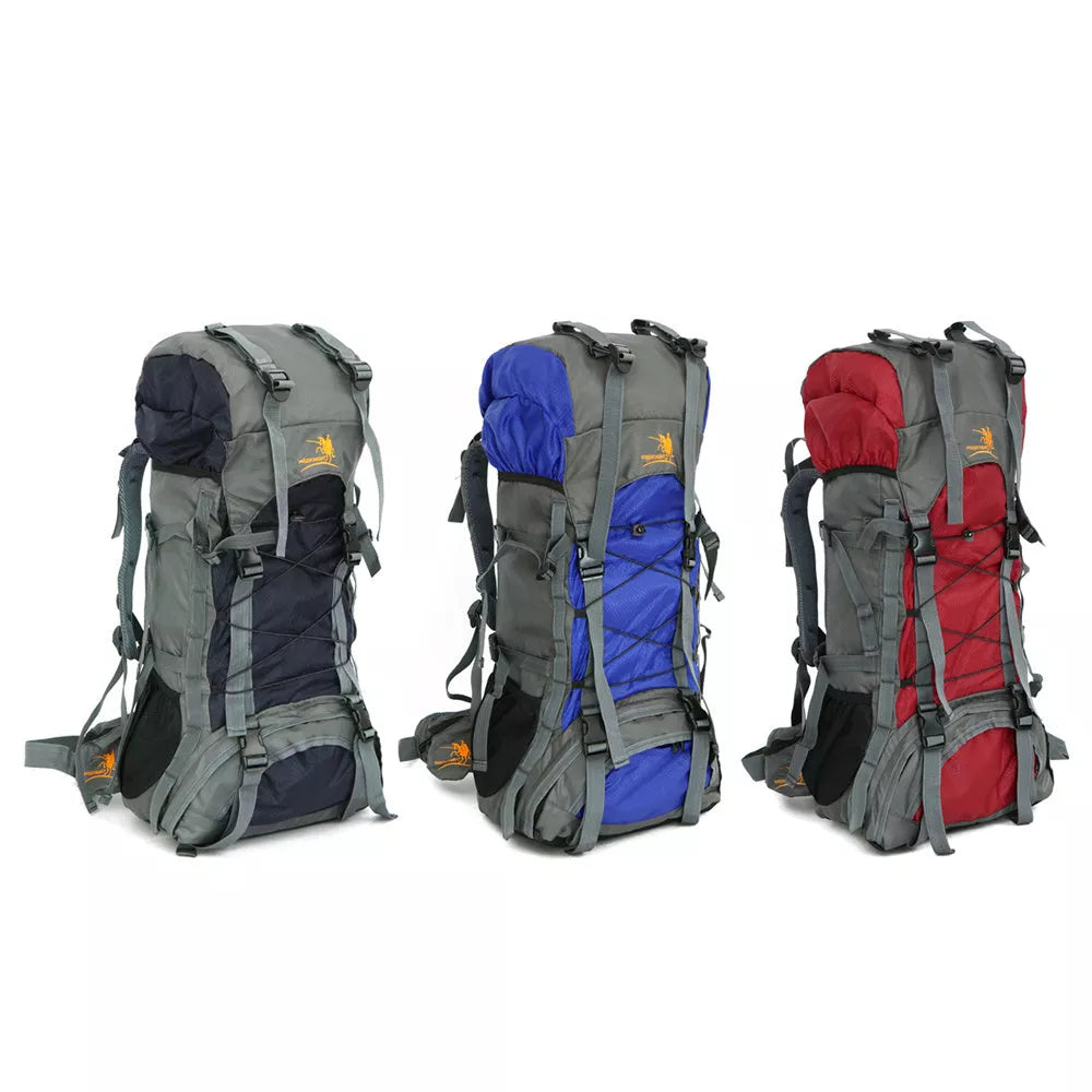 Extra Large Outdoor 60L Travel Backpack with external storage and waist bags
