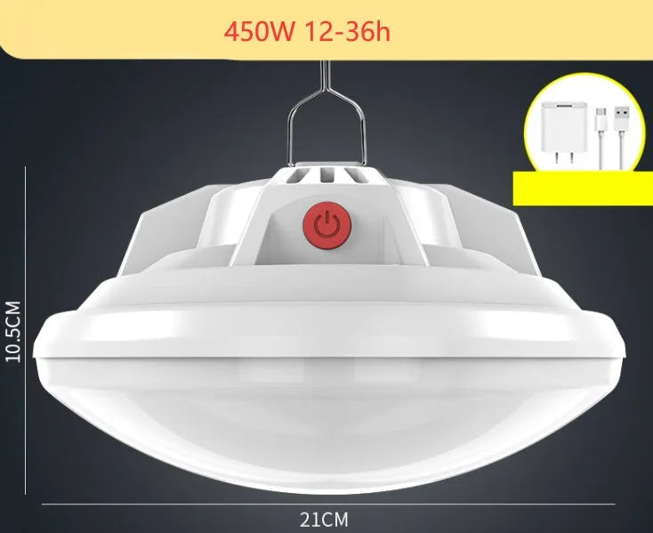 Rechargeable LED camp light with 18650 battery showing illumination radius of 15-40 metres