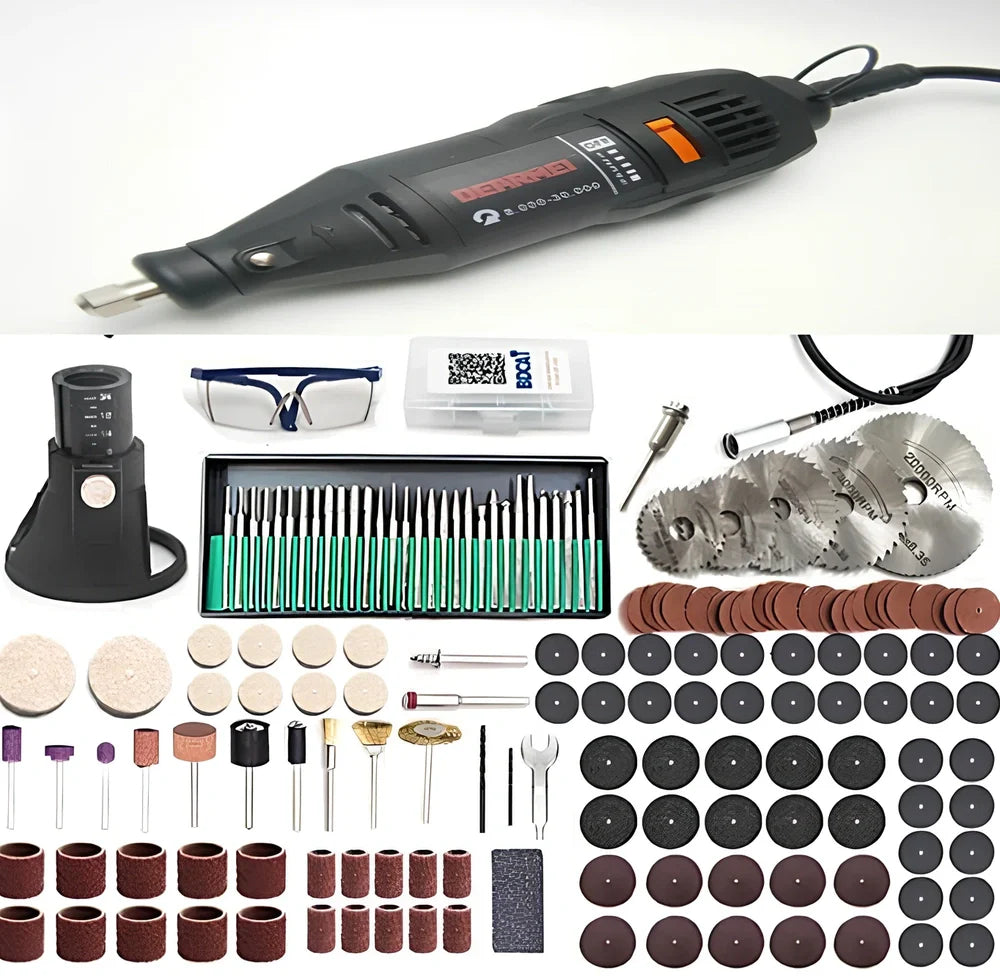 180W black electric Dremel drill with 186 accessories including grinding heads and tools