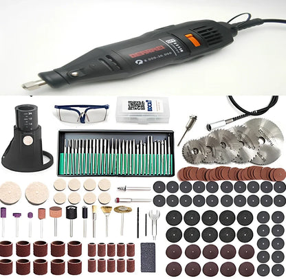 180W black electric Dremel drill with 186 accessories including grinding heads and tools