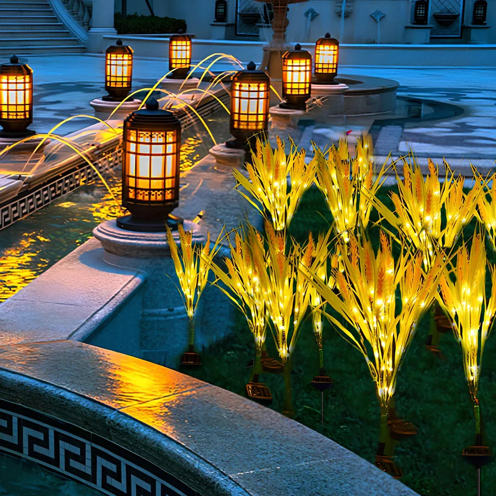 Solar wheat ear garden lamp with seven LED heads and 75mm diameter for outdoor pathway lighting