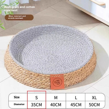Woven rattan cat nest showing open construction for airflow, available in multiple sizes