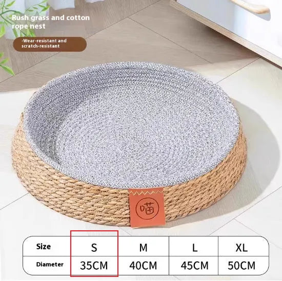 Natural rattan woven cat nest bed, available in four sizes, shown as a breathable basket-style pet bed.