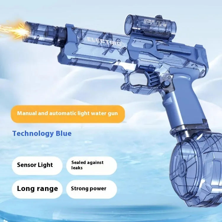Black and blue electric water pistol toy with LED lights, shown with USB charging cable.