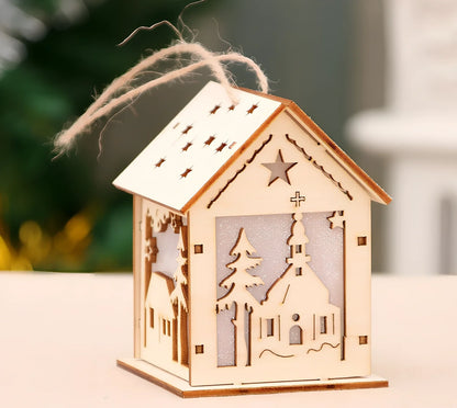 Wooden Christmas decorations with LED lights showing four character styles hanging on tree branches