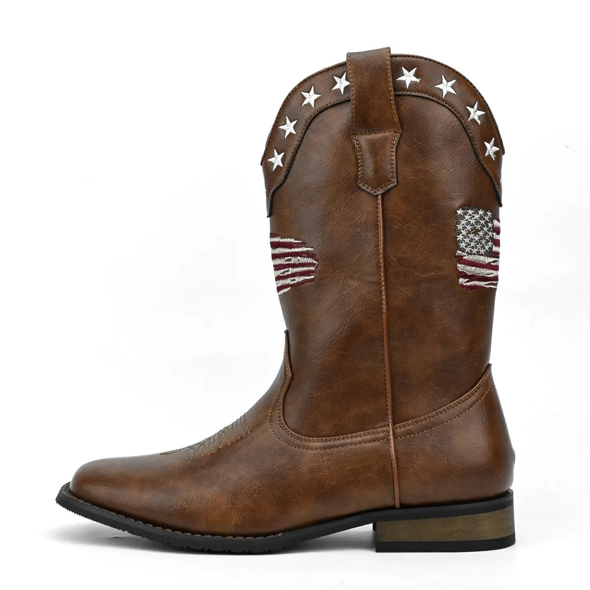Men's black cowboy boot with five-pointed star design and low square heel