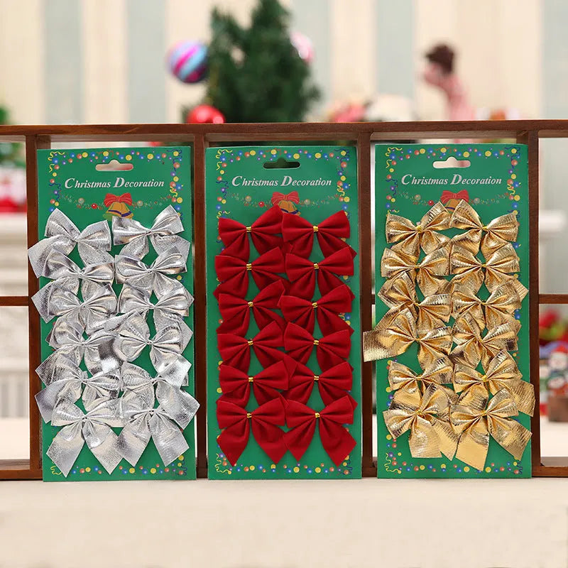 Christmas tree bow decoration ornaments made from polyester material in red, gold, and silver colours measuring 5 cm wide for adding a festive centrepiece to your holiday decor.