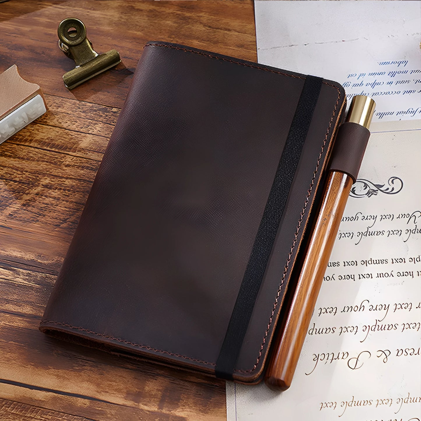 Handmade cowhide kraft notebook open showing wood-free paper, in dark green colour