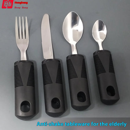 Stainless steel adaptive eating utensils with rubber handles and bendable components for elderly anti-shake support