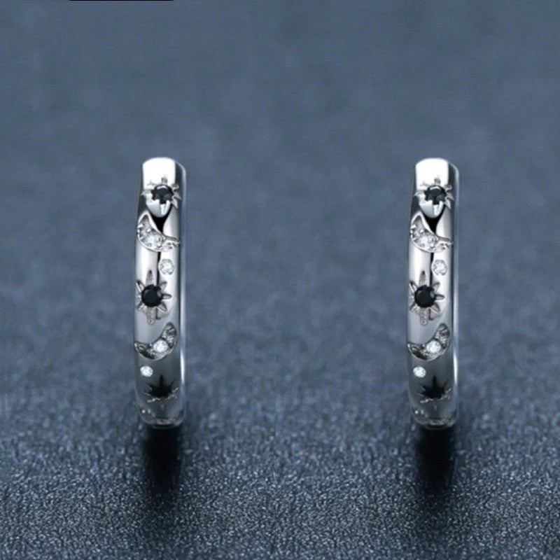 French Inlaid Zircon Star and Moon Earrings in black with celestial design