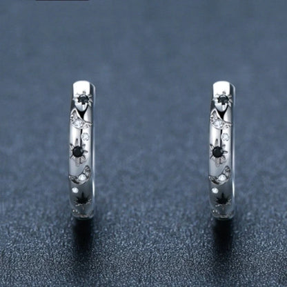 French Inlaid Zircon Star and Moon Earrings in black with celestial design