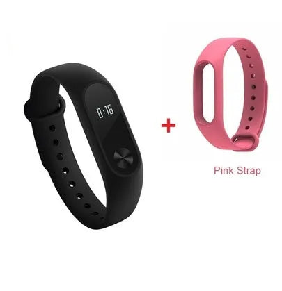 Xiaomi Mi Band 2 black fitness tracker with OLED display showing heart rate and time on adjustable wrist strap