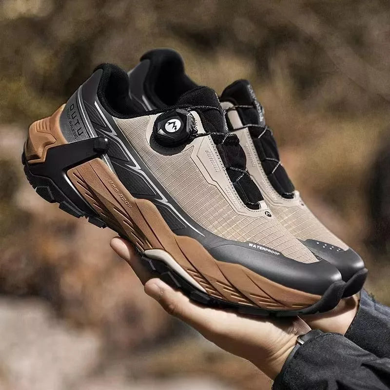 Outdoor mountaineering sneakers in black, camel, and silver with waterproof and breathable features