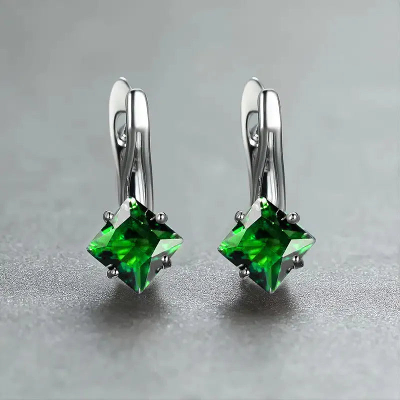 Diamond design earrings with inlaid zircon stones in copper, showing light luxury style for women in blue, green, and colour options.