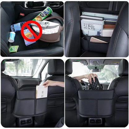 Black leather car seat gap storage bag with carbon fibre pattern, shown between car seats.