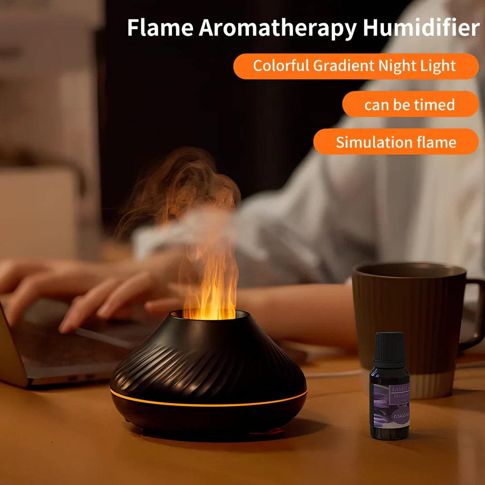 Black RGB flame aroma diffuser with colourful lighting effects and water mist emission