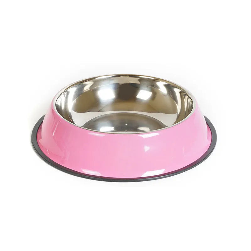 Stainless steel pet bowl with colourful melamine exterior in various sizes with non-slip rubber base
