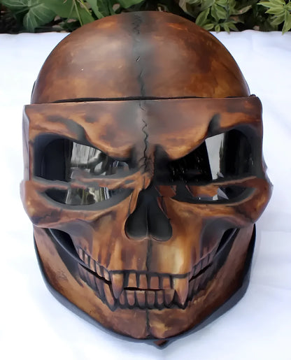 Latex Halloween skull head helmet mask in copper colour showing detailed facial features