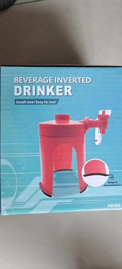 Red automatic beverage dispenser gadget measuring 15cm tall with universal bottle fitting