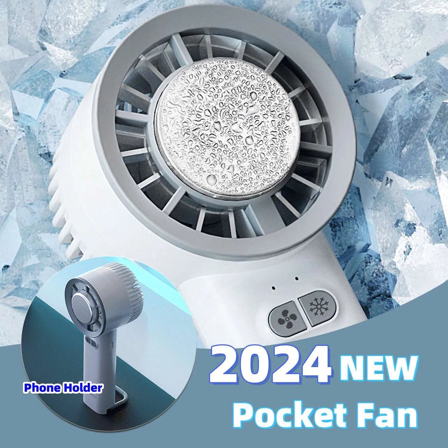 White handheld portable fan with turbo jet design and ice cooling function.