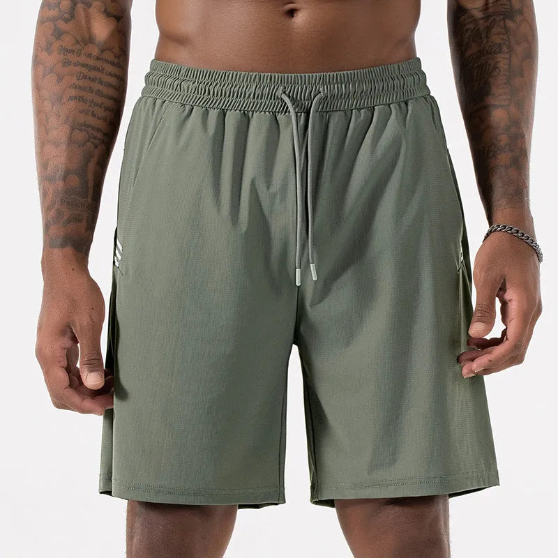 Men's black ice silk quick-drying sports shorts with drawstring waist on a mannequin.