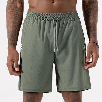 Men's black ice silk quick-drying sports shorts with drawstring waist on a mannequin.
