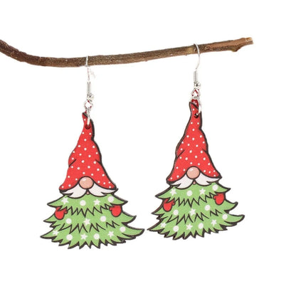 Wooden Christmas earrings with Christmas tree and water drop snowman designs, 3.5cm height
