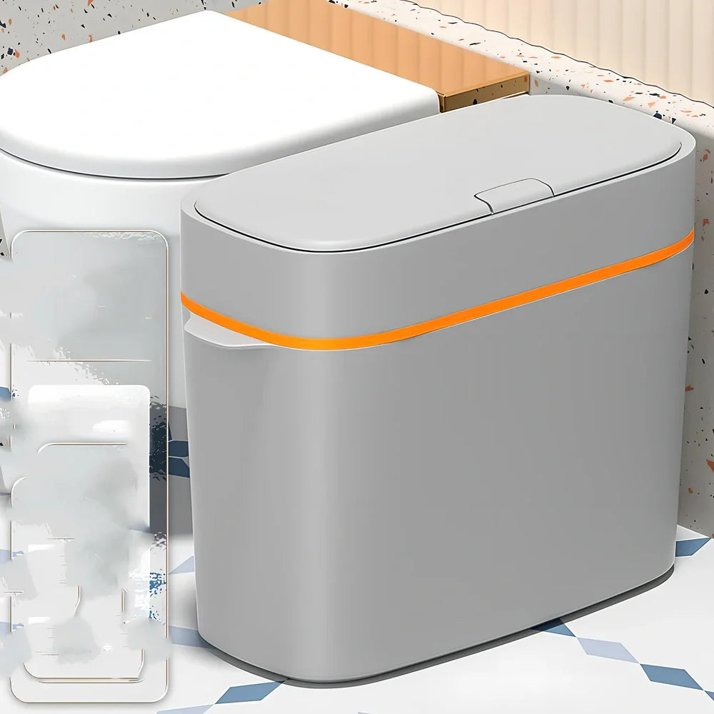 Automatic electric trash bin with infrared sensor opening, available in azure blue, white, and four other colours