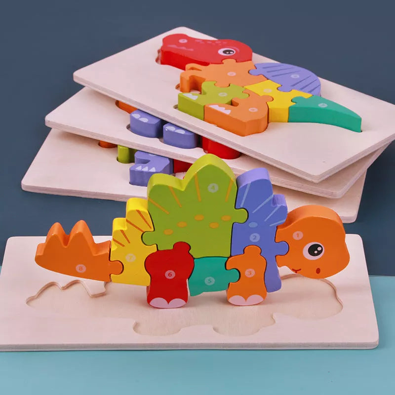 Wooden dinosaur 3D puzzle set for kids, including six different dinosaur models