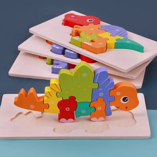 Wooden dinosaur 3D puzzle set for kids, including six different dinosaur models