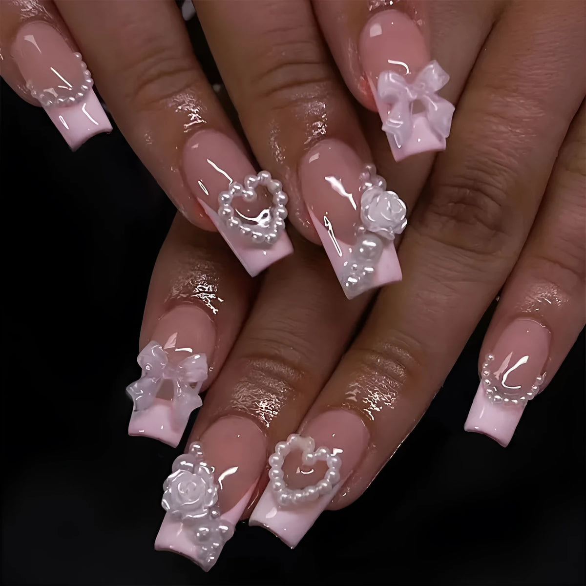 French love pearl fake nails removable nail stickers in colour XD93 with application accessories